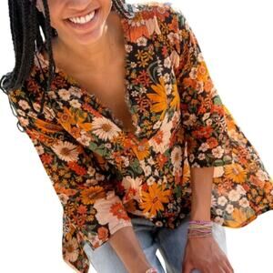 Natural Life Lightweight Floral Cotton 3/4 Sleeve V-neck Tunic Boho Cottage